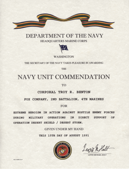 Navy Unit Commendation Ribbon certificate